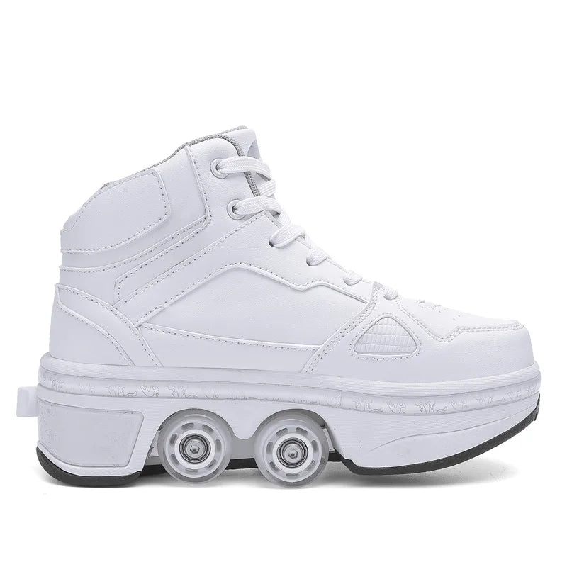 Unisex Detachable Dual Purpose Roller Skate Shoes, Outdoor Fashionable Skateboarding Shoes, White/Pink Casual Sneakers