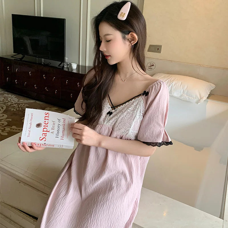 SAMWESTART cool cotton silk nightgown with lace bow and short sleeves