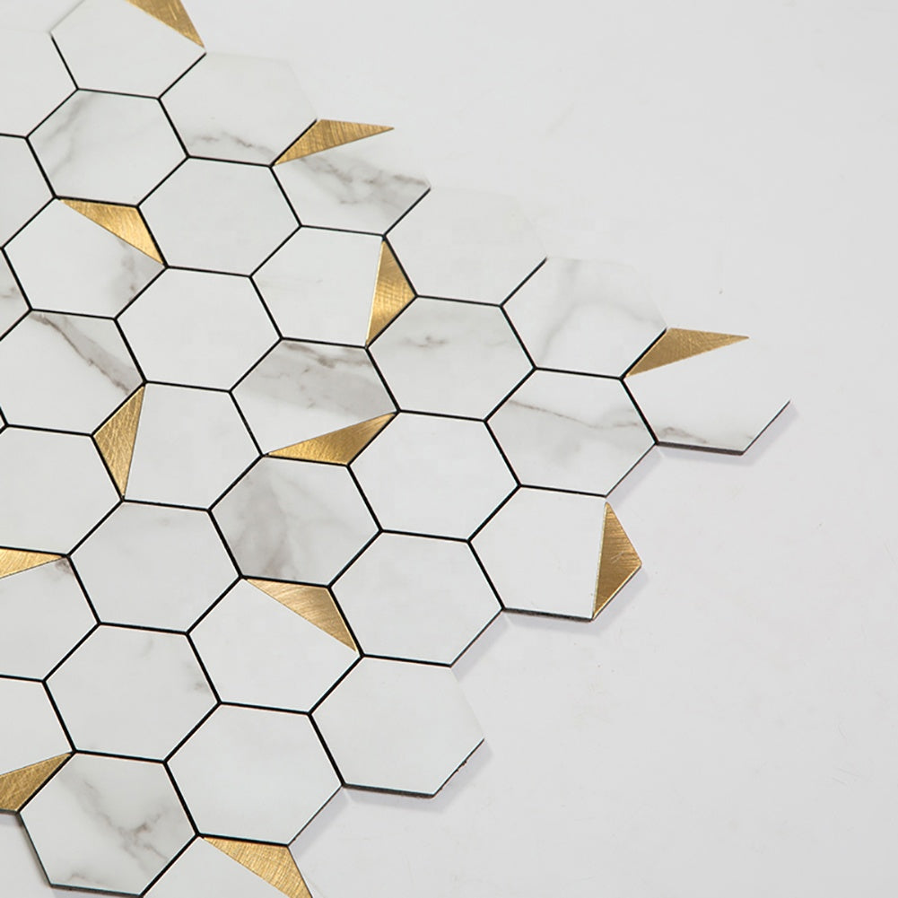 Self-adhesive white hexagon mosaic wall tiles made of aluminum composite plastic 
