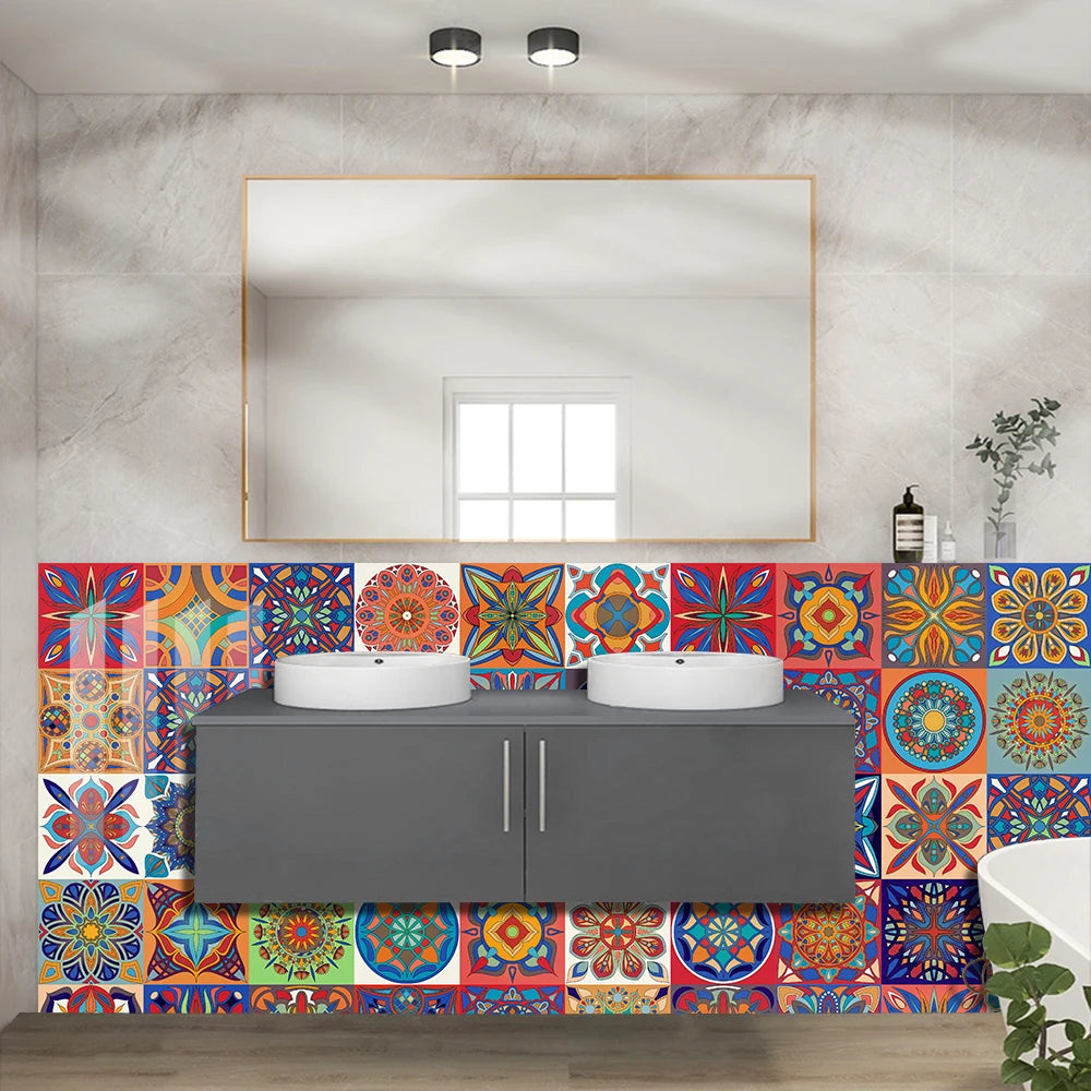 Colorful Mandala Style Strip Tiles Wall Sticker Kitchen Wardrobe Bathroom Waterproof Wallpaper Peel &amp; Stick Art Wall Decals