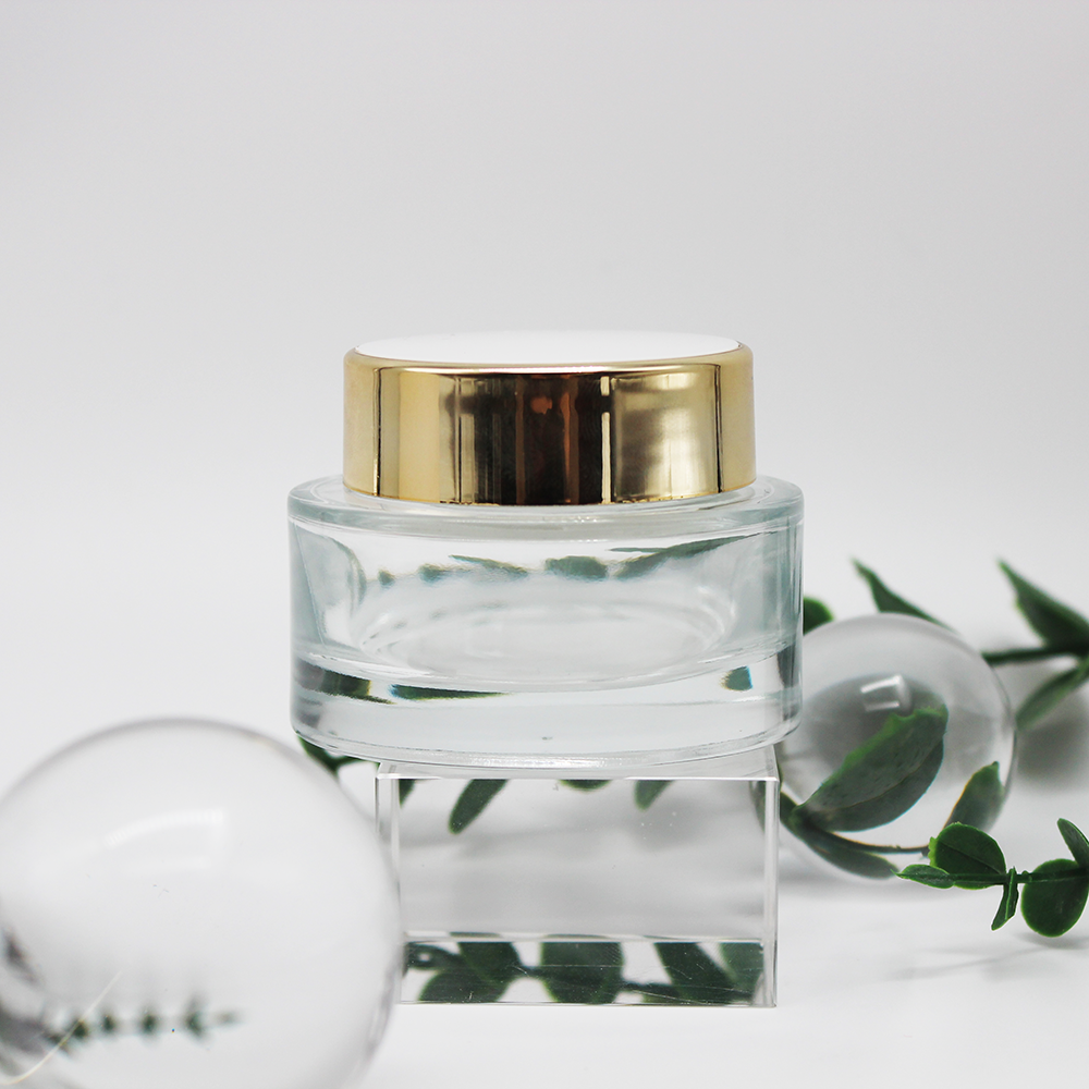 Eco-friendly glass cosmetic cream jar with black plastic/aluminum lid for skin care cream, face cream, eye cream packaging 