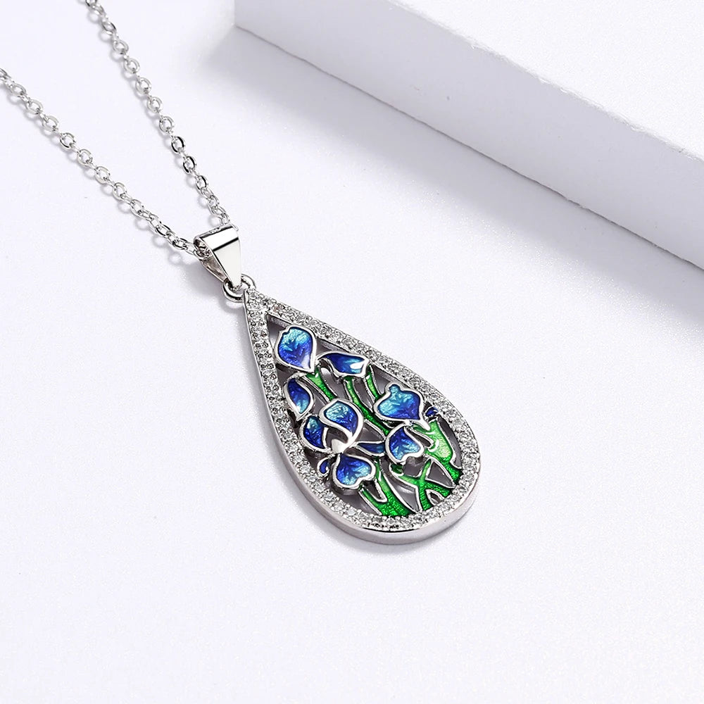 925 Sterling Silver Women's Necklace with Handcrafted Enamel Blue Flowers
