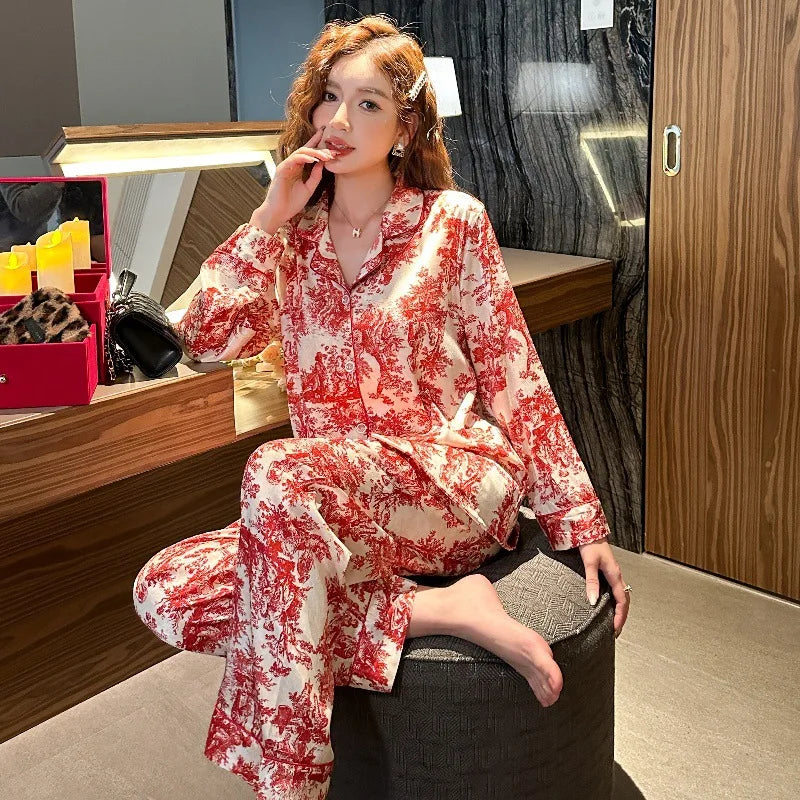 SAMWESTART Women's Spring Summer Ink Print Ice Silk Pajamas