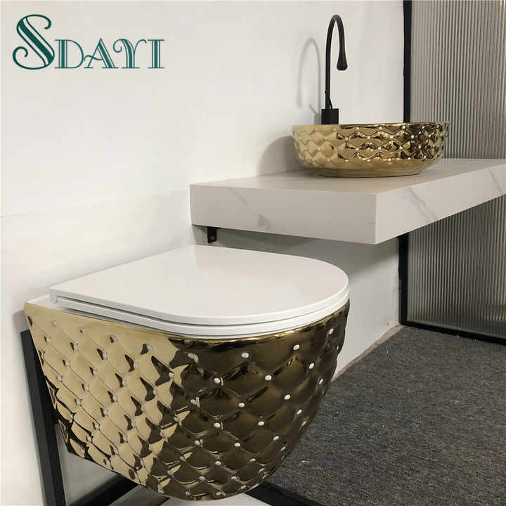 SSDAYI Gold Standard Ceramic Wall-hung Toilet for Bathroom Diamond Design Wall Mounted Toilet Black Gold 