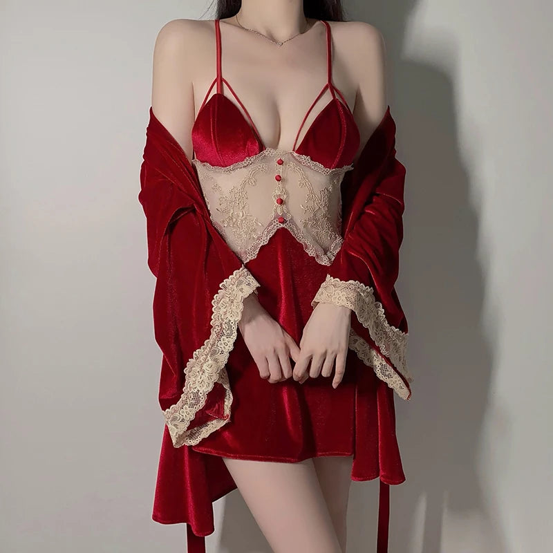 Sexy French Velvet Nightgown with Padded Straps, Half Sleeves, Spring Autumn
