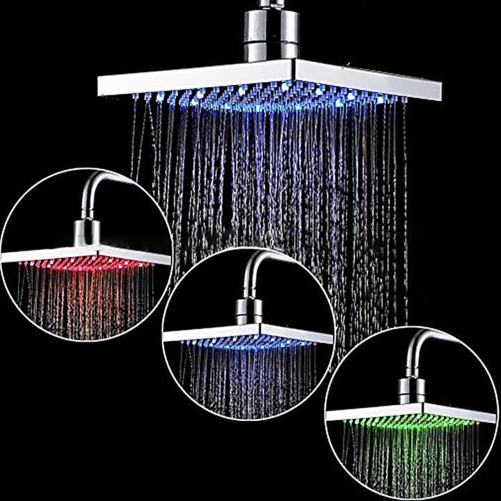 Modern, eco-friendly, chrome-plated ABS plastic overhead rain shower with 3-color changing LED lights for hotels 