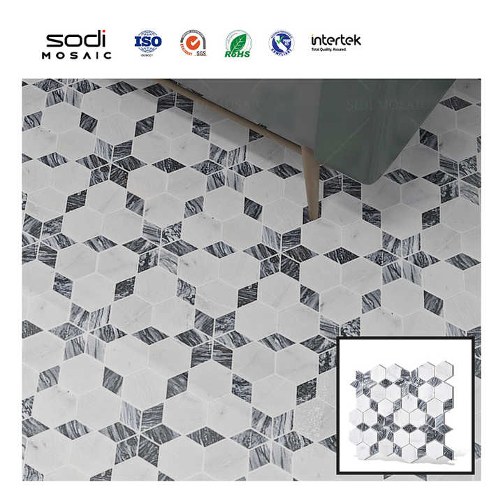 Factory custom anti mildew adhesive kitchen wall tiles waterproof hexagonal mosaic marble mosaic tiles 