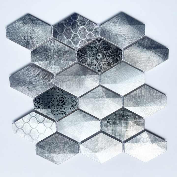 2024 Custom 3D Long Hexagon Metal Mosaic Tiles Gray Bathroom Interior Wall Decor New Custom Graphic Design 