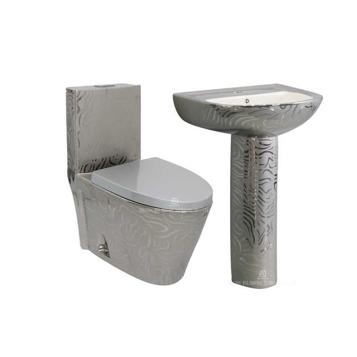 Hotel bathroom set porcelain WC, one-piece toilet and washbasin, silver high-class pedestal toilet 