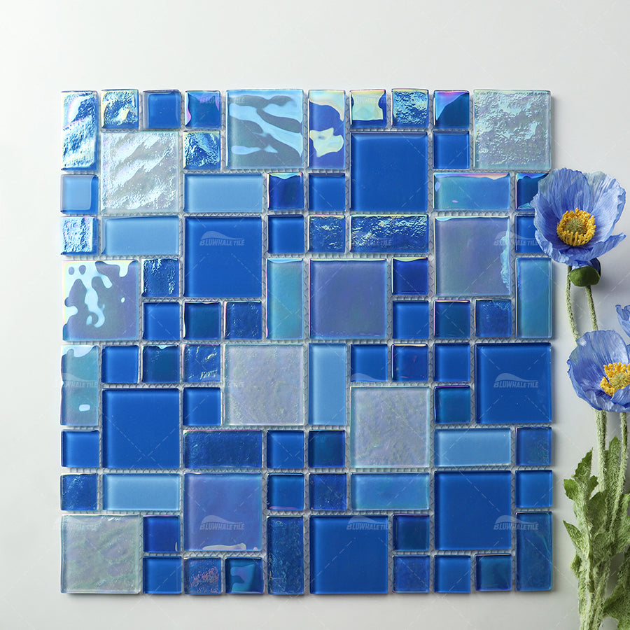 Free Sample OEM Supplier Iridescent Crystal Glass Mosaic Tiles Green Blue Sea Water Swimming Pool Floor Wall Tiles 