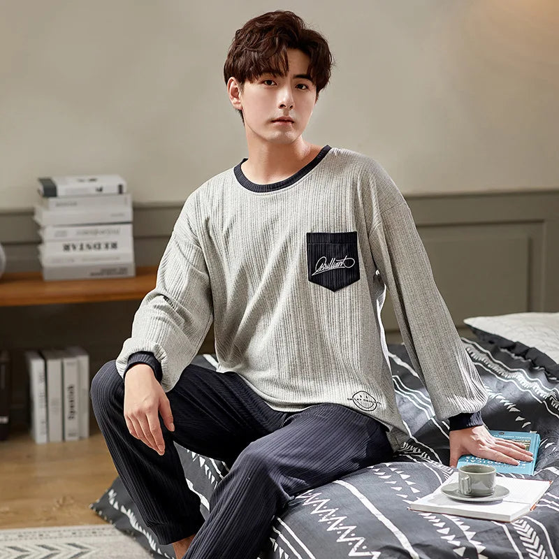 Men's Autumn Winter Cartoon Warm Striped Pajama Set