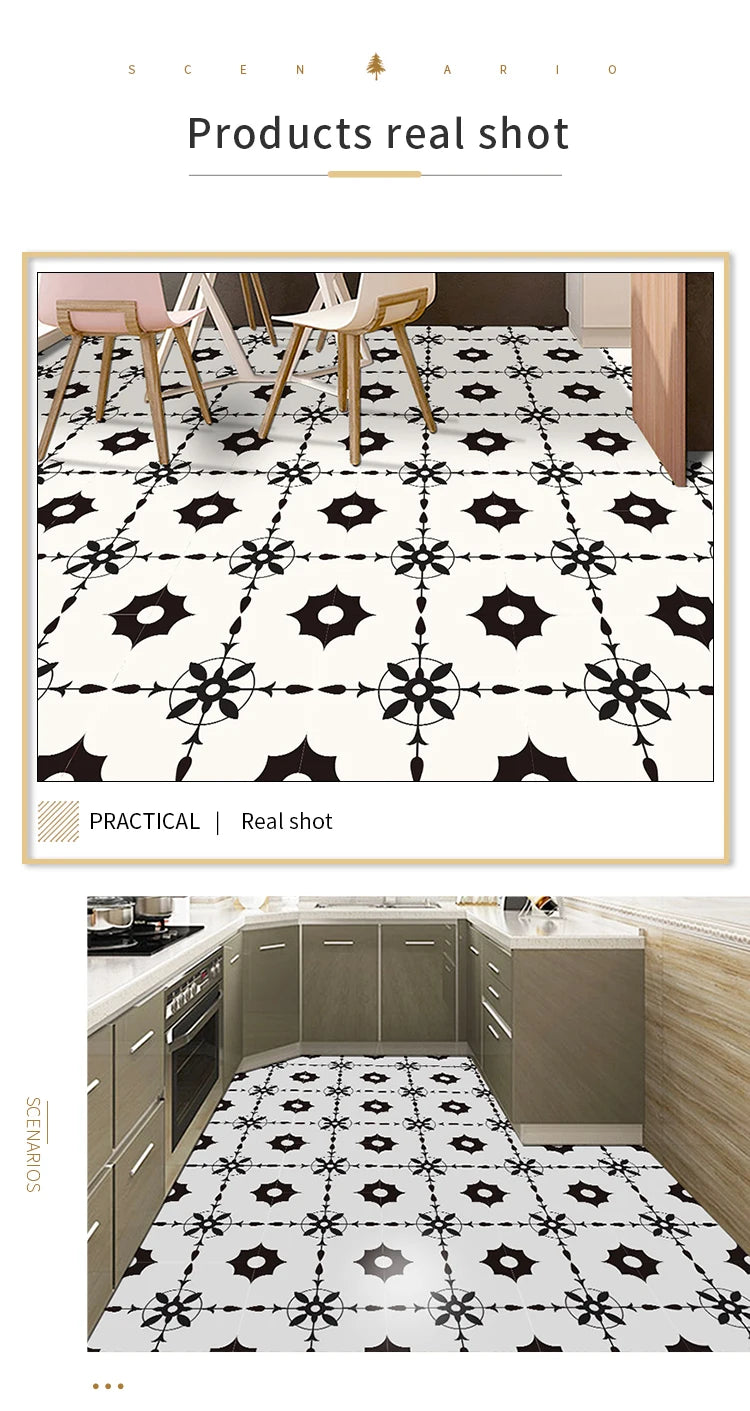 Classic European Black And White Tile Floor Stickers 3D Adhesive Kitchen Corridor Decoration Wallpaper Waterproof