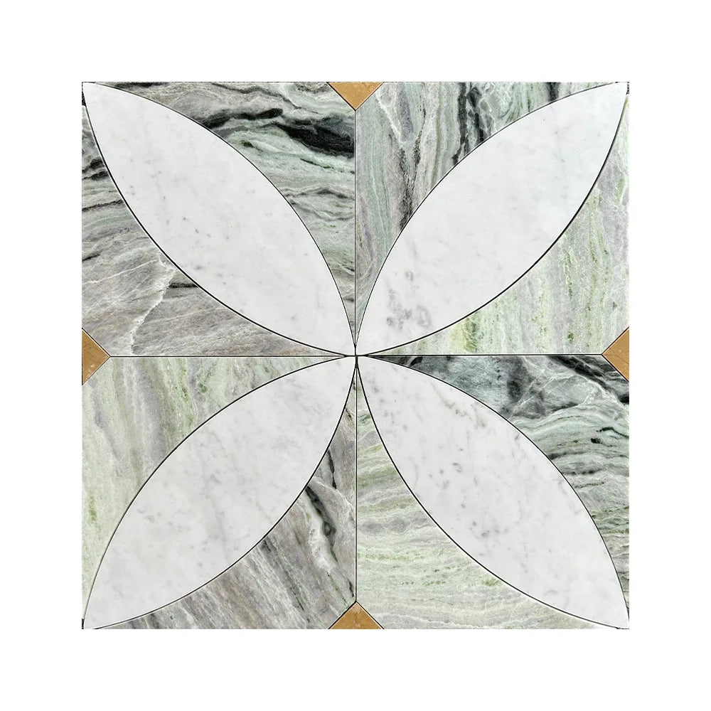 Polished Metal Brass Square Shape Natural Stone Flower Marble Mosaic Tile Waterjet Cutting for Interior Hotel Mall Wall Art - Daisan Mart