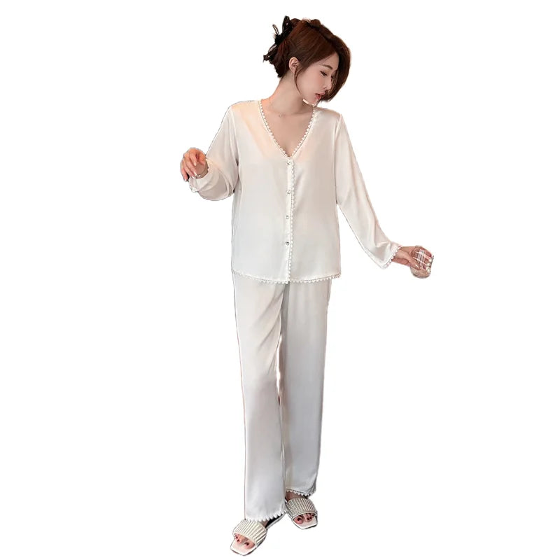 Women's Satin Silk Pajamas Set with Sexy V-Neck Long Sleeves
