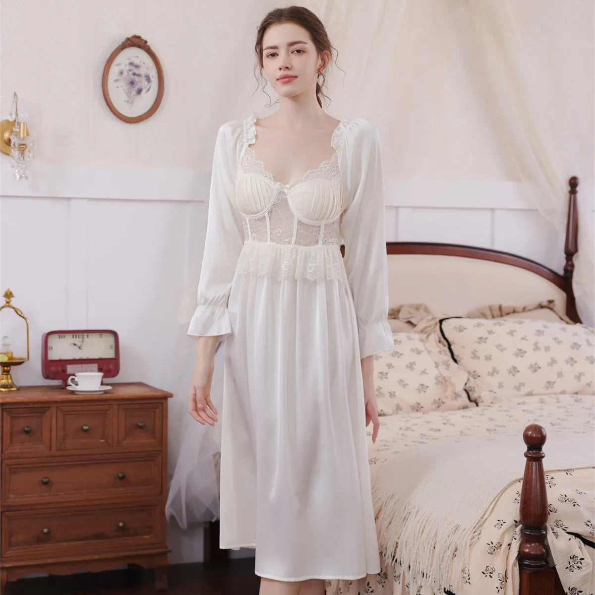 Elegant Nightgown with Soft Square Neck Long Sleeve Lace