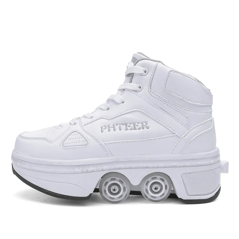 Unisex Detachable Dual Purpose Roller Skate Shoes, Outdoor Fashionable Skateboarding Shoes, White/Pink Casual Sneakers