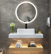Small bathroom wooden countertop l with ceramic sink cabinet 