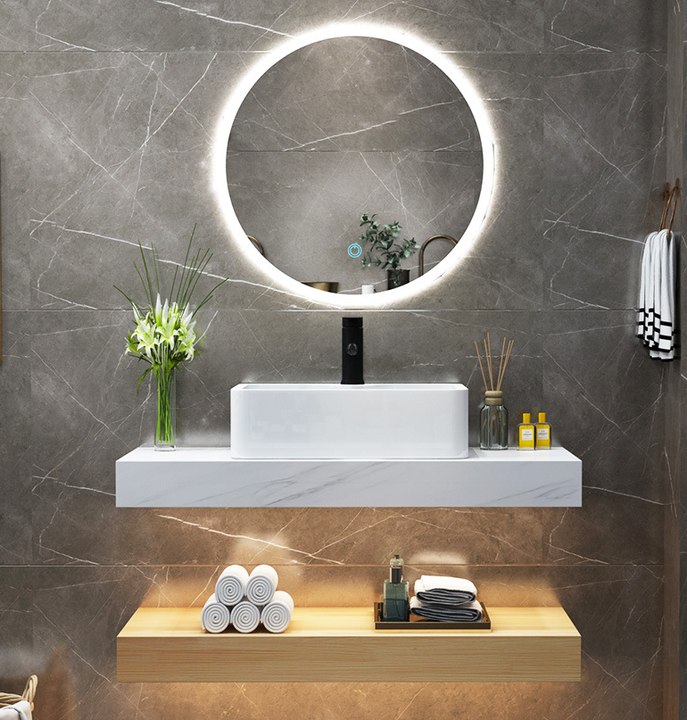 Small bathroom wooden countertop l with ceramic sink cabinet 