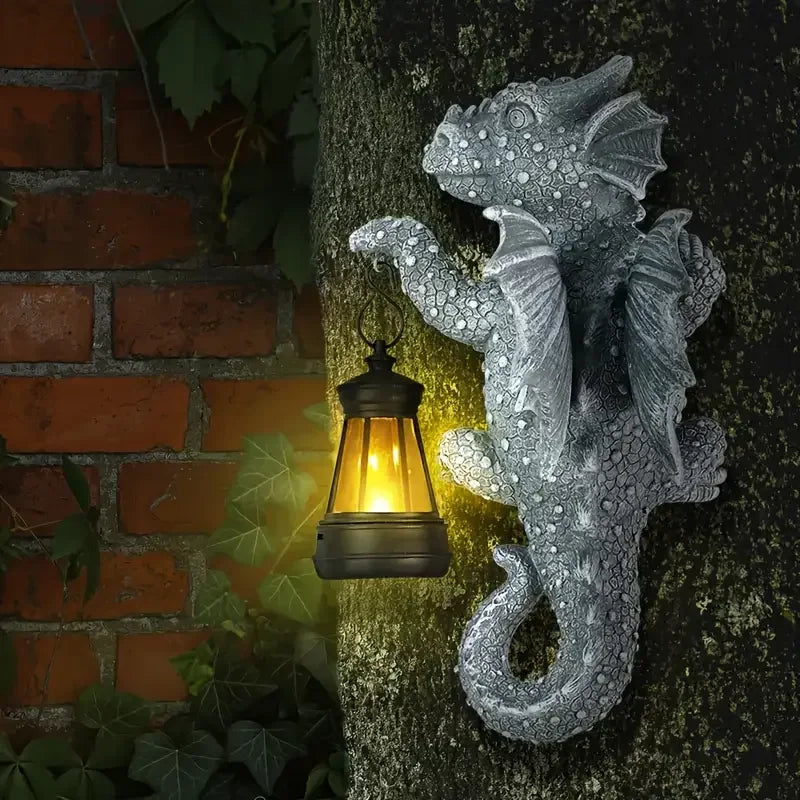 Solar- Dragon Tree Hugger Garden Statue - Glowing Resin Dragon Figurine Night Light with Solar Lantern, Outdoor/ Wall/Fence