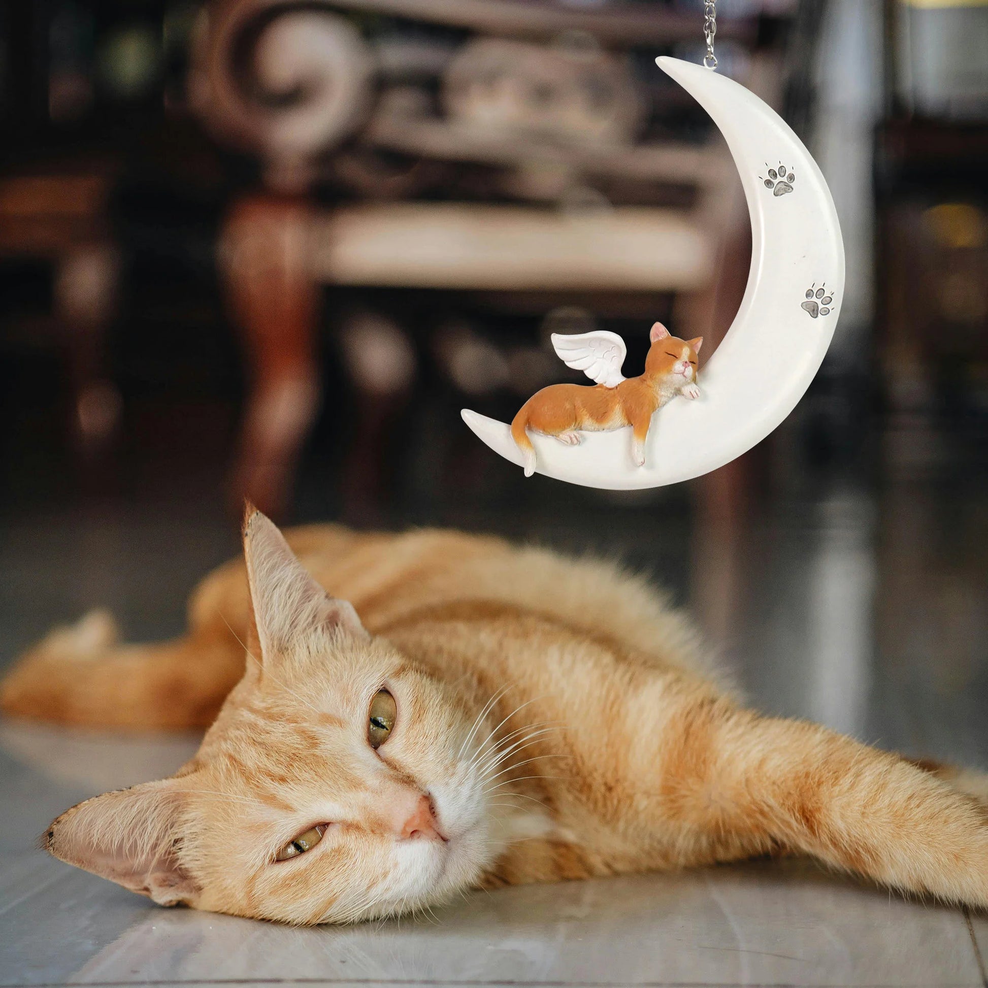 Angel Cat & Crescent Moon Resin Statue Painted Anime Style Hanging Figurine for Home & Garden Decorative Display - Daisan Mart