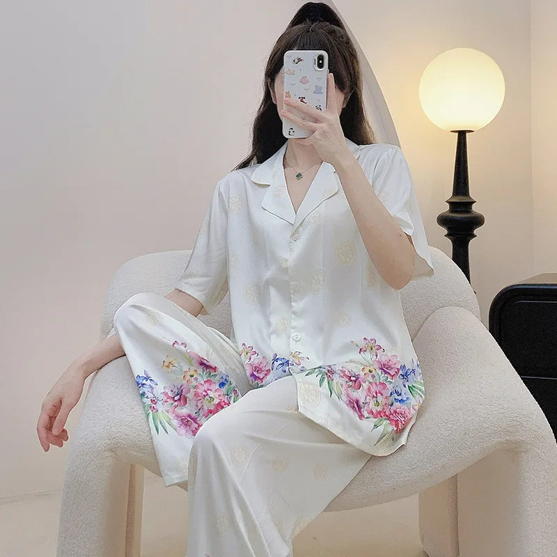 SAMWESTART Women's Pajamas Set Cool Silk High Quality Newspaper Print