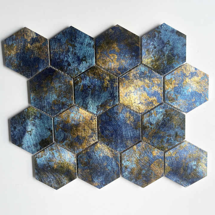 Impression Series 73mm Blue Hexagon Aluminum Mosaic Wall Tiles for Bathroom, Kitchen, Interior Wall Decoration 