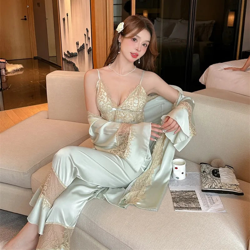 3-Piece Sexy Silk Pajamas Set for Women with Thin Straps