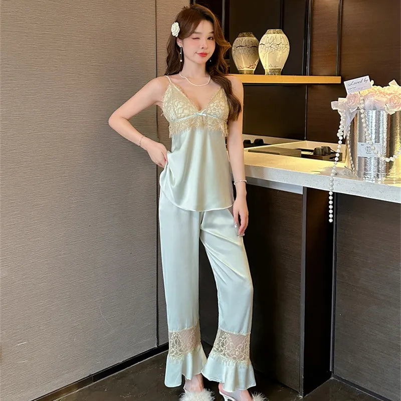 3-Piece Sexy Silk Pajamas Set for Women with Thin Straps