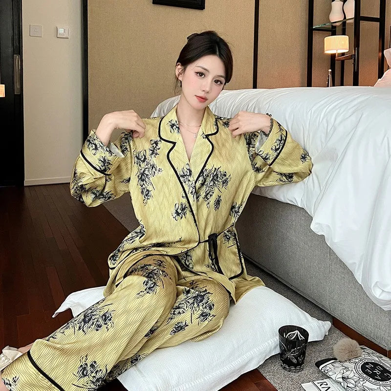 Women's Silk Pajama Set Fall 2024, Left-Hand Print Blue Collar