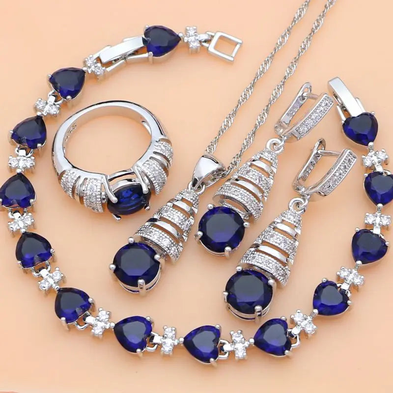Bộ Trang Sức Bạc 925 Sapphire Xanh & Topaz Trắng