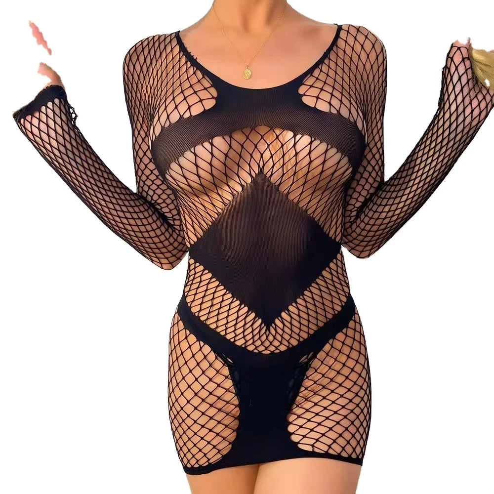 Sexy Black Bodycon Dress Long Sleeve Stretch Mesh 2023