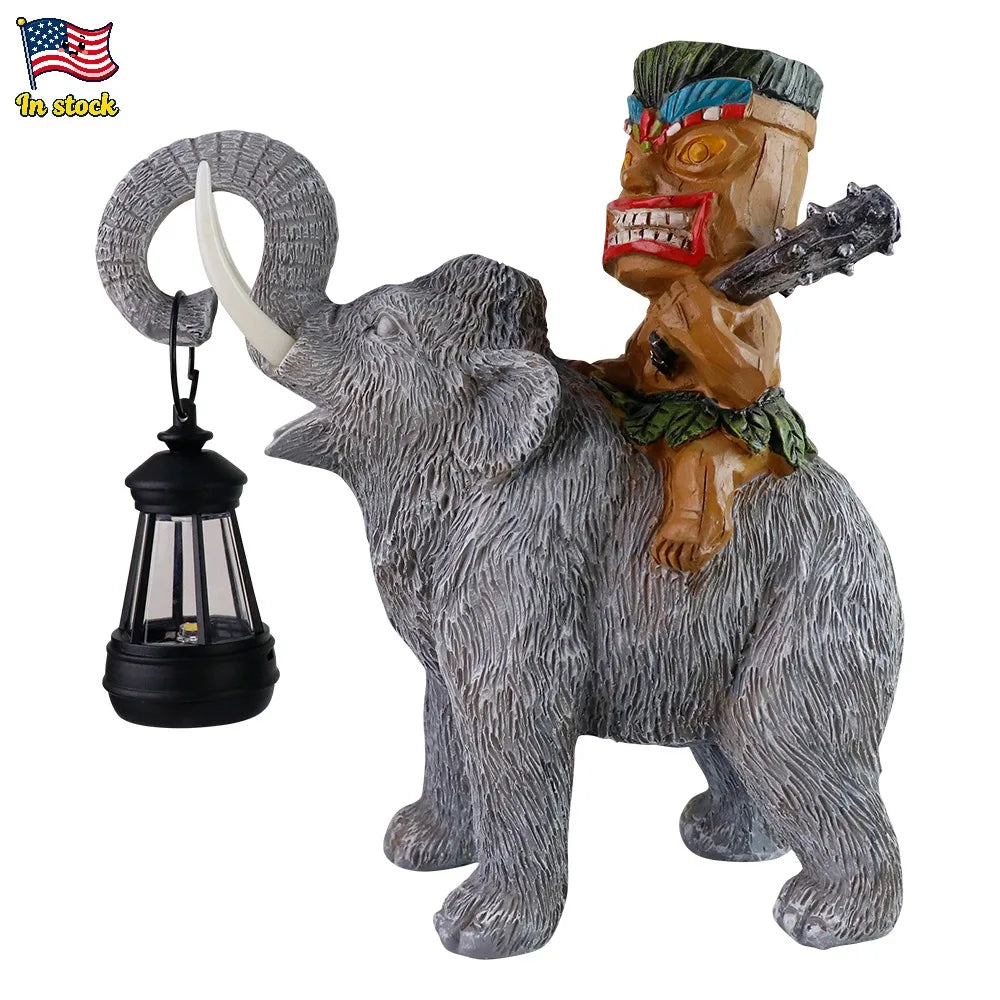 US Stock Tiki Man Riding Elephant with Lantern Resin Craft Ornament, Outdoor Garden Decor - Daisan Mart