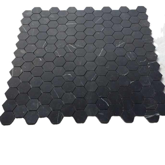 Modern 2 inch glossy black Marquina hexagonal mosaic tile for villa - 1 year warranty