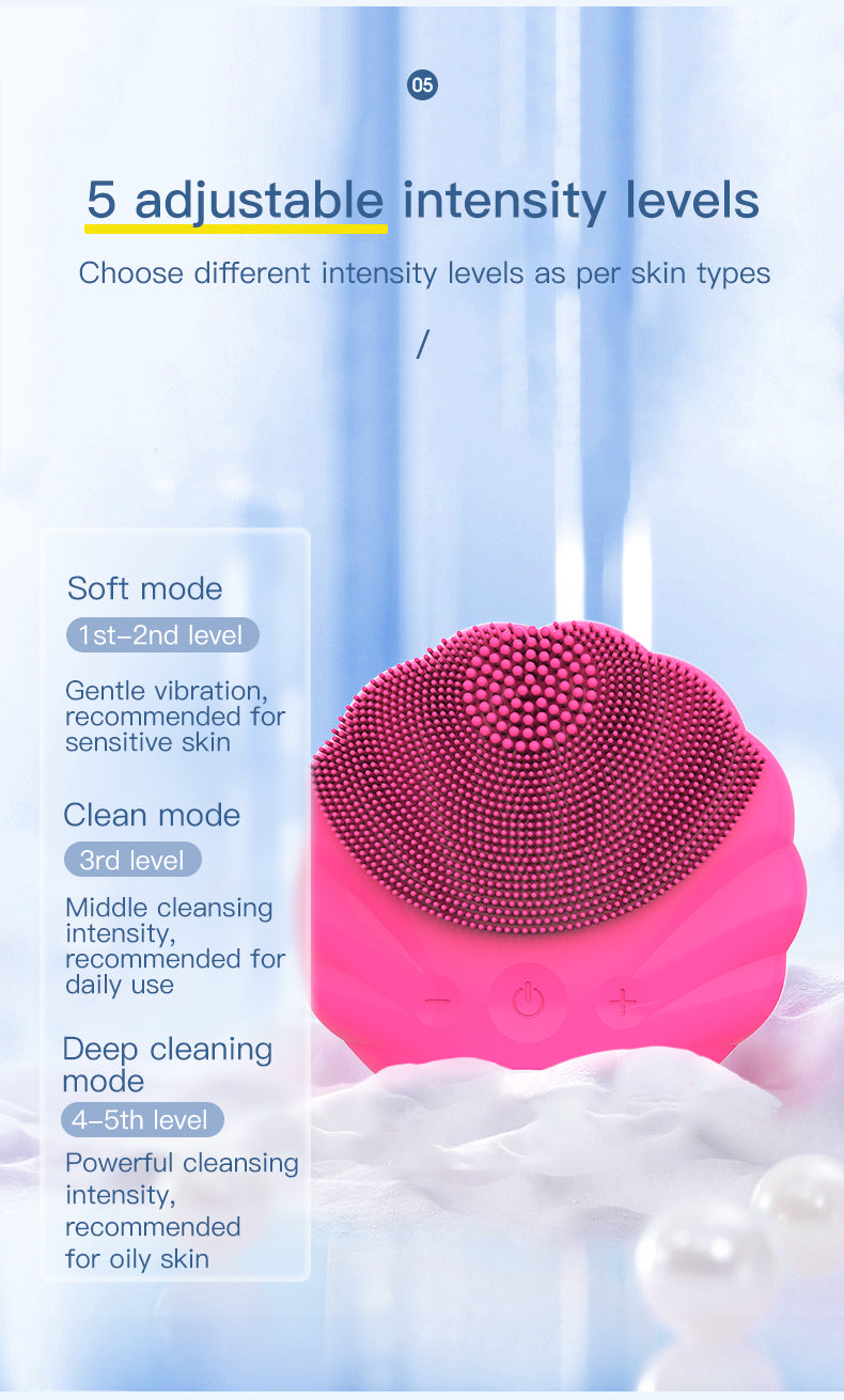 Waterproof silicone home electric facial cleanser, deep cleansing massager and facial exfoliator for improved facial appearance. 
