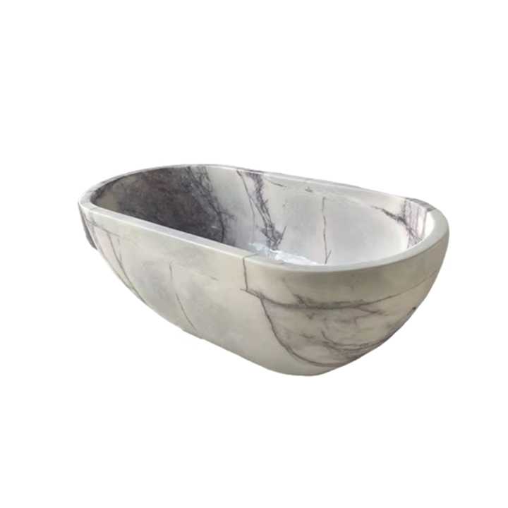 Luxury oval bathtub modern design greek white lilac purple lines white background natural marble color 