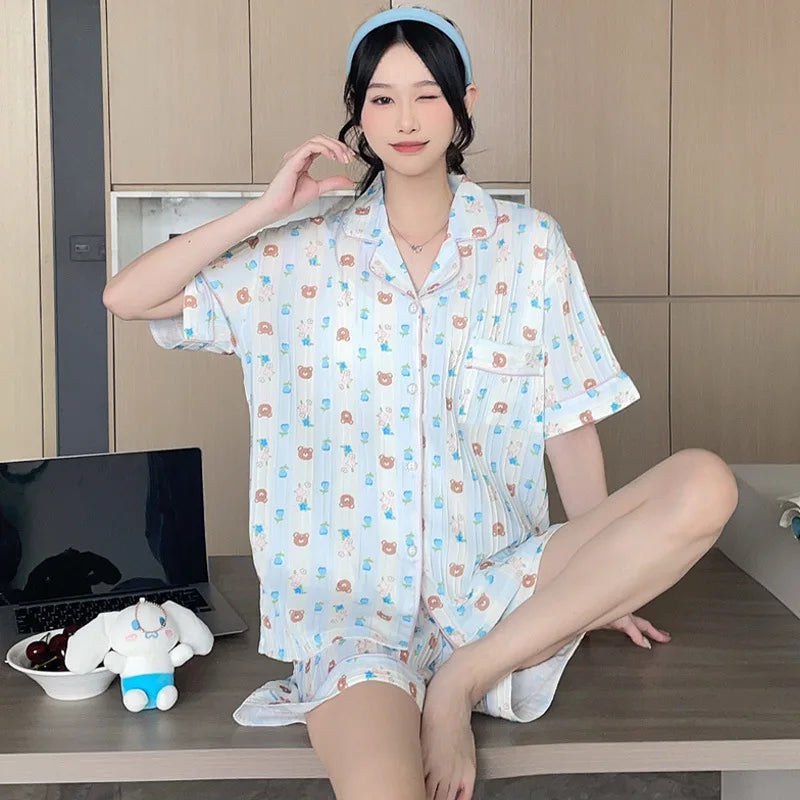 Bộ Đồ Ngủ Nữ Hè Cotton Kẻ Sọc Nơ Dễ Thương