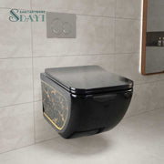 SDAYI Luxury bathroom sanitary ware in black with gold motif, rimless wall-mounted dual flush one-piece ceramic toilet 