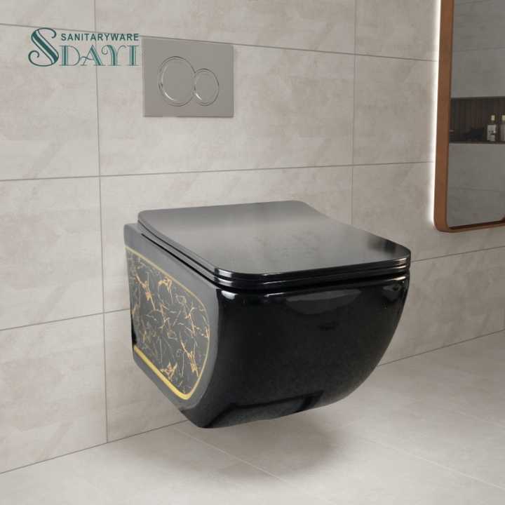 SDAYI Luxury bathroom sanitary ware in black with gold motif, rimless wall-mounted dual flush one-piece ceramic toilet 