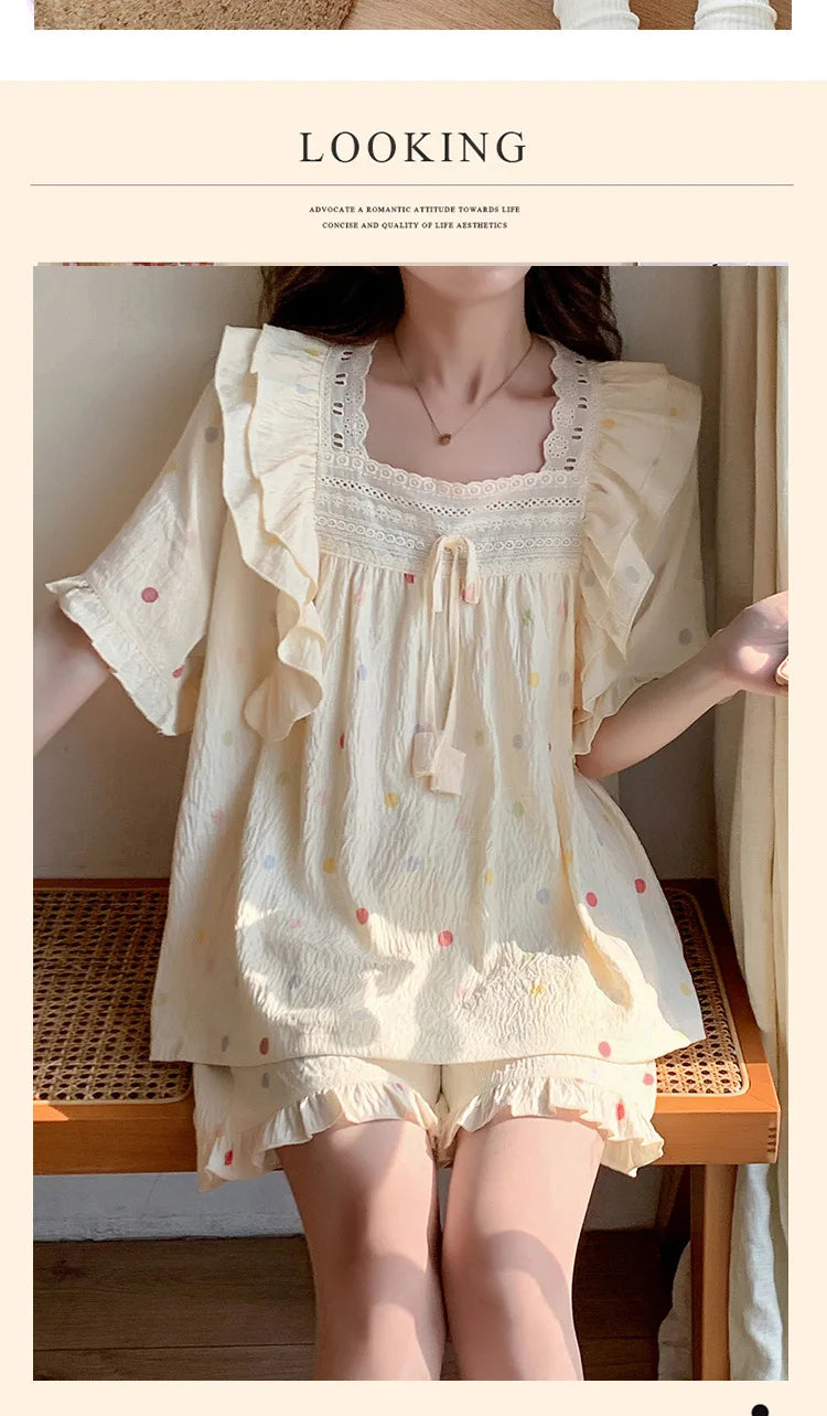 SAMWESTART Summer Lace Polka Dot Princess Pajamas Set