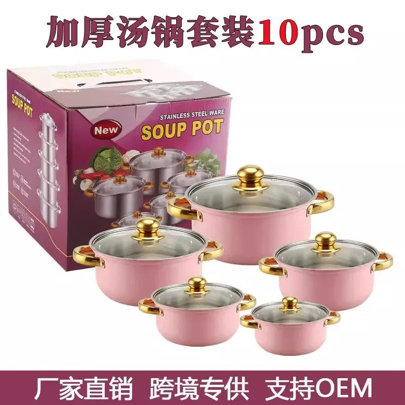 Bộ Nồi Chảo Inox Hồng Cổ Điển 10 Món Chống Dính