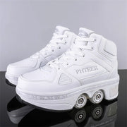 Unisex Detachable Dual Purpose Roller Skate Shoes, Outdoor Fashionable Skateboarding Shoes, White/Pink Casual Sneakers