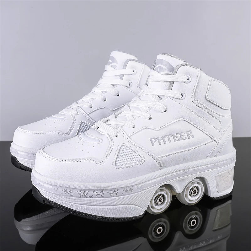 Unisex Detachable Dual Purpose Roller Skate Shoes, Outdoor Fashionable Skateboarding Shoes, White/Pink Casual Sneakers