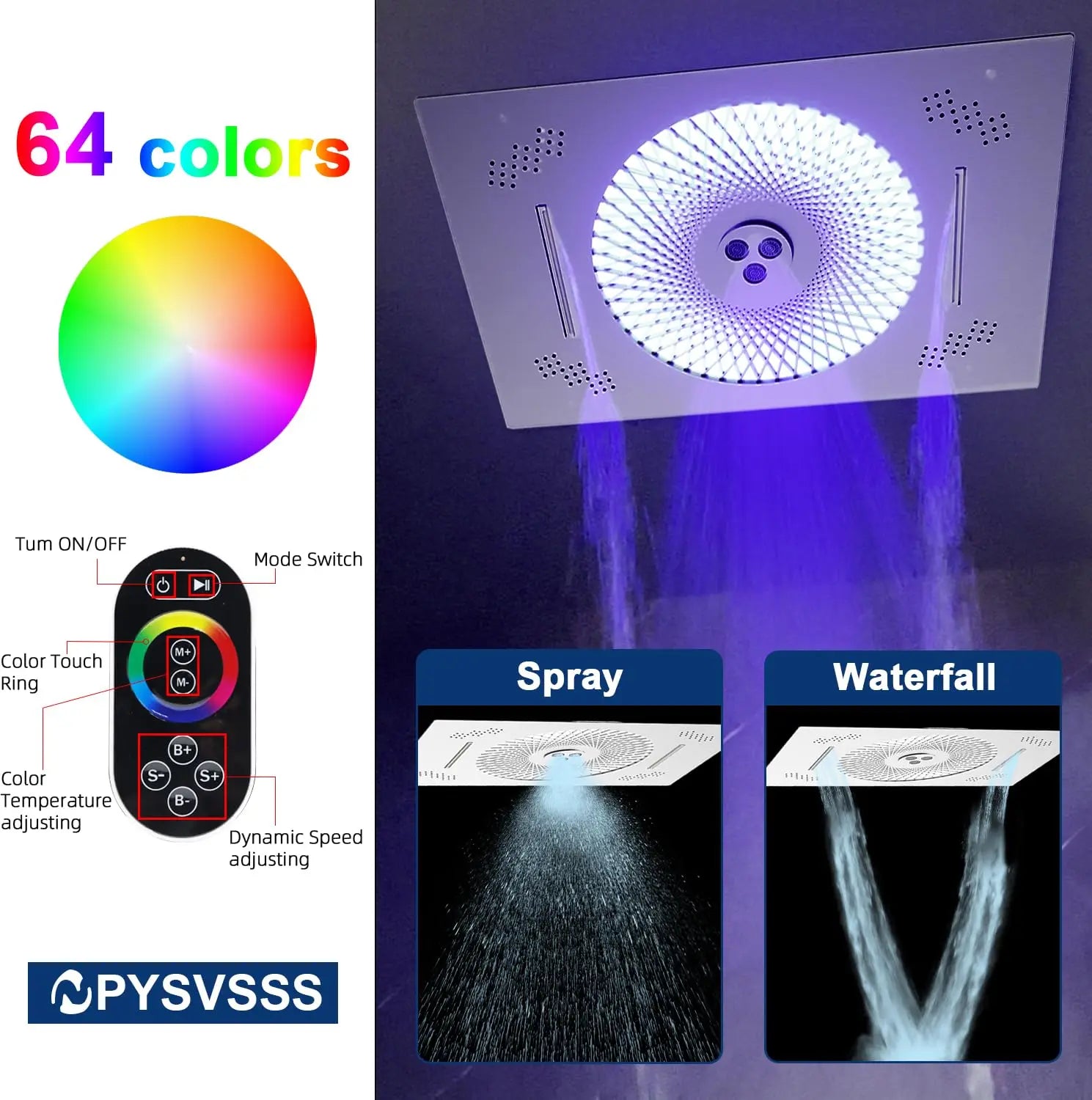 24x16 Inch High-End Color Changing LED Shower Head Wall Mounted