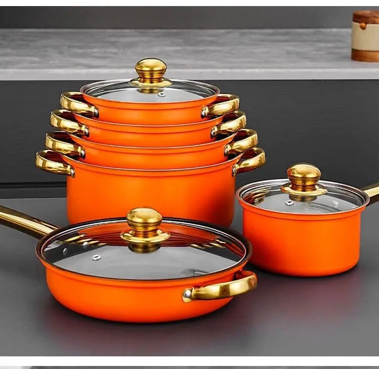 Bộ 12 Nồi Chảo Cam Inox Chống Dính Kèm Nắp