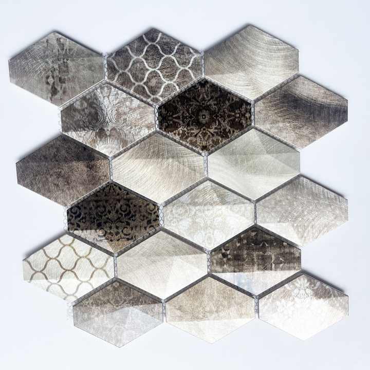 2024 new design custom long 3d hexagon metal mosaic tiles modern for interior bathroom wall decoration 