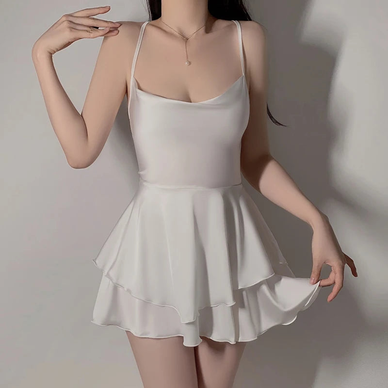 Sexy 2-Layer Silk Dress with Sexy Straps, Solid Color