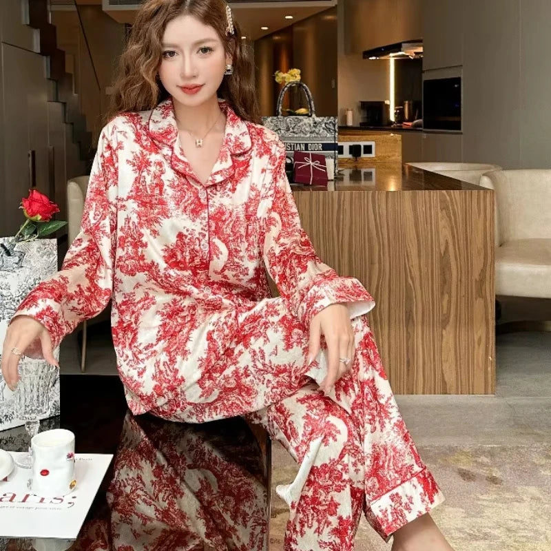 SAMWESTART Women's Spring Summer Ink Print Ice Silk Pajamas