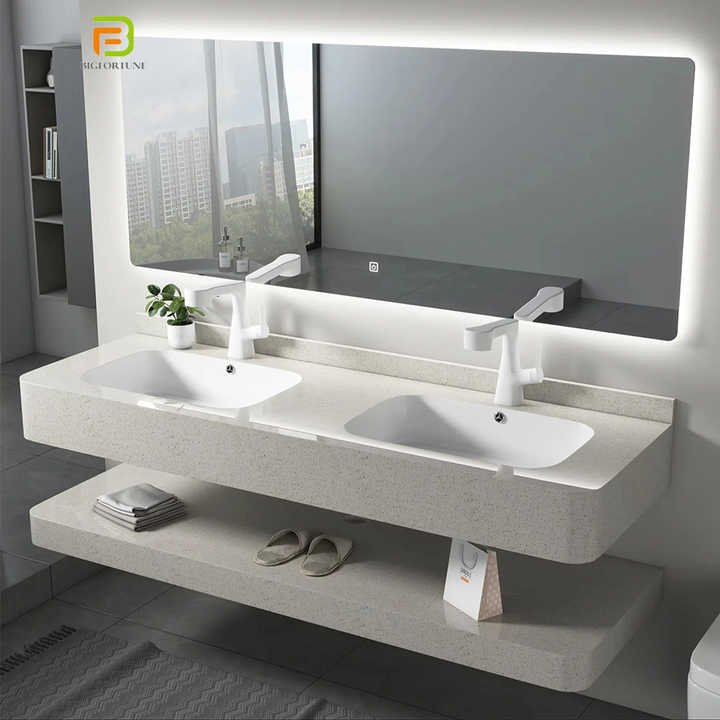 Modern wall mounted slate lavatory cabinet, solid surface lavatory countertop, double lavatory cabinet for hotel 