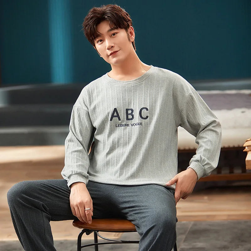 Men's Autumn Winter Cartoon Warm Striped Pajama Set