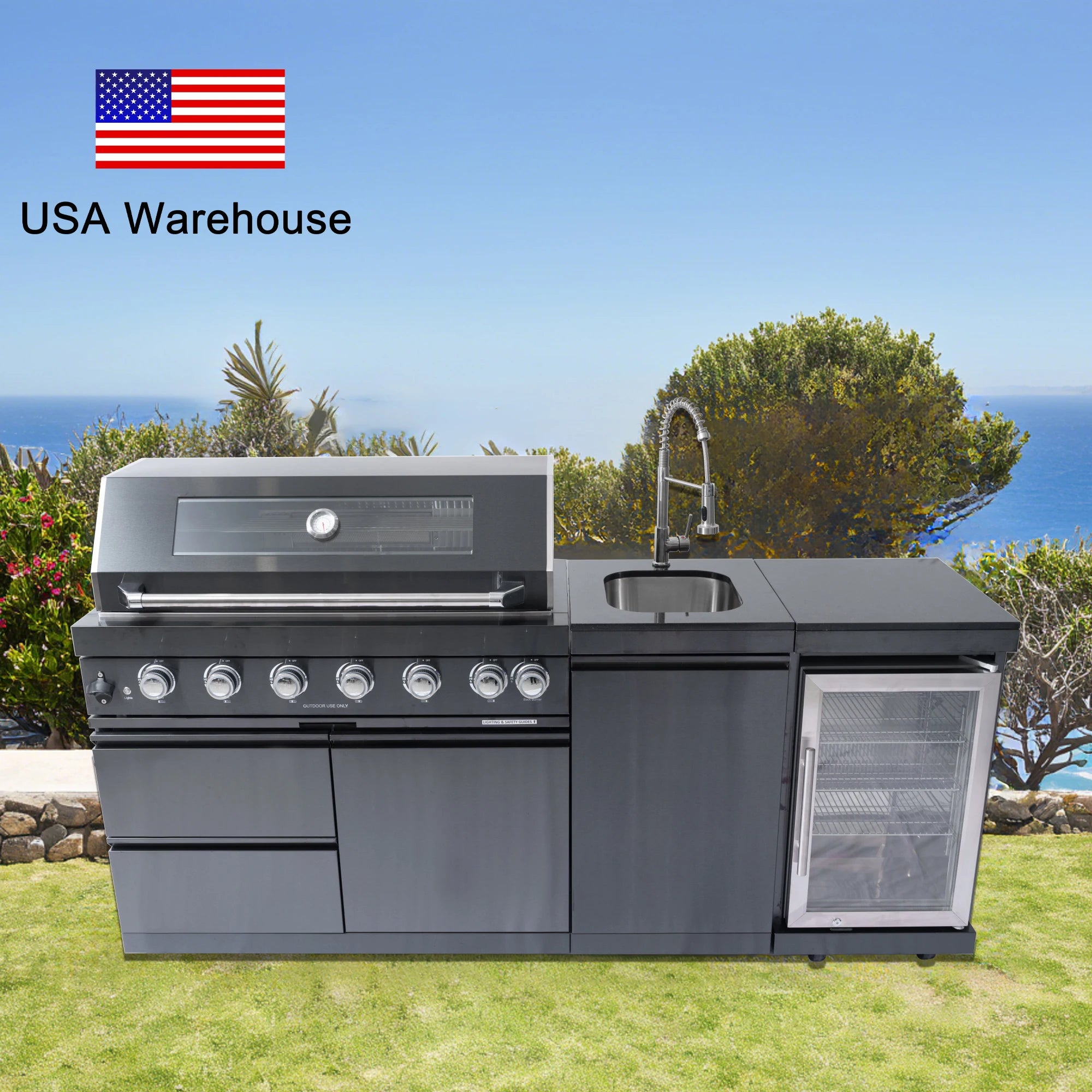 Black 304 Stainless Steel Outdoor Kitchen Cabinet with Grill &amp; Refrigerator